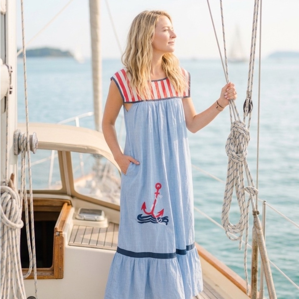 Rare Vtg Nautical Anchor oversized Maxi Dress - Blue w/Red Stripes Size Medium